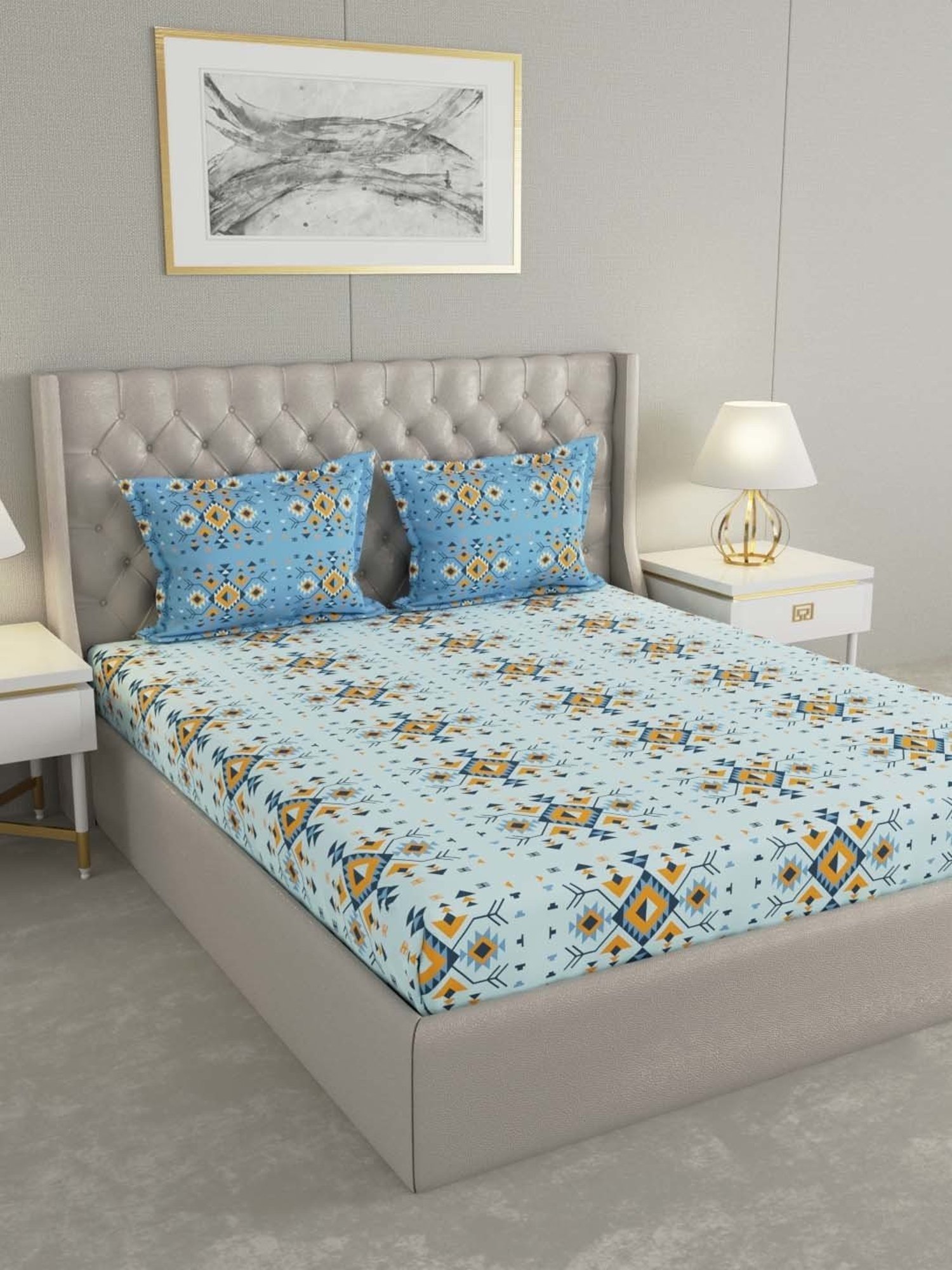 Raymond Home Blue Cotton 179 TC Queen Bedsheet with 2 Pillow Covers