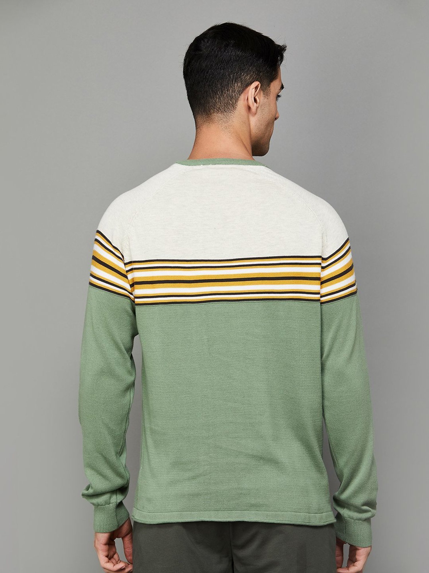 Code by Lifestyle Green & White Cotton Regular Fit Colour Block Sweaters