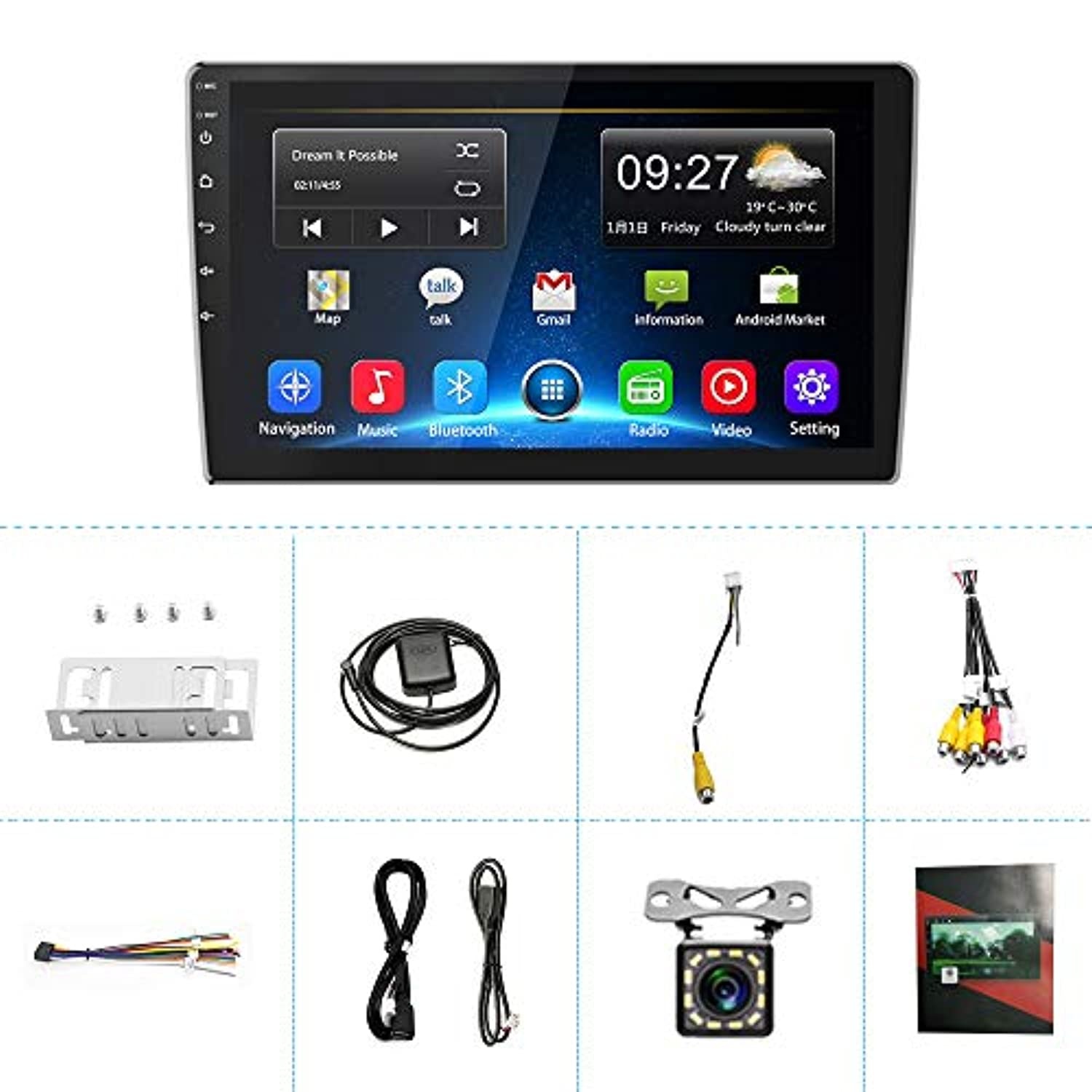 Podofo Double Din Car Stereo Car GPS Navigation Android Head Unit in Dash 2G RAM+32G ROM 9 Inch 2.5D Tempered Glass Support Bluetooth,WiFi,USB Mirror Link, FM Radio with Rear View Camera (US2638)