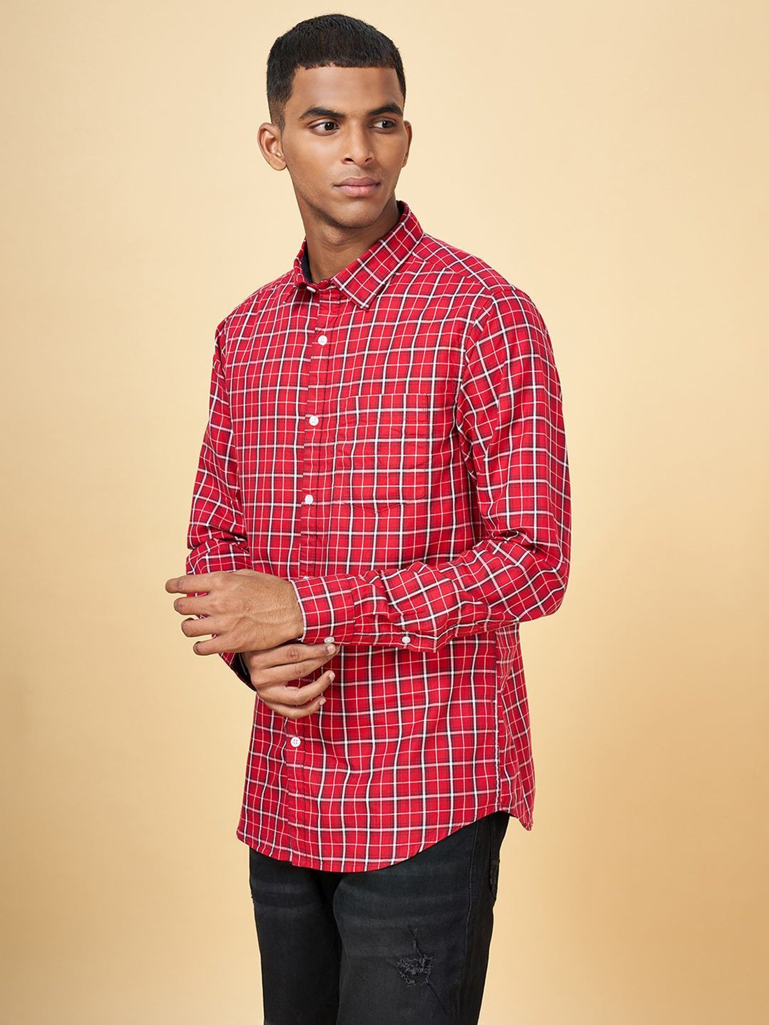 YU by Pantaloons Dark Red Cotton Slim Fit Checks Shirt