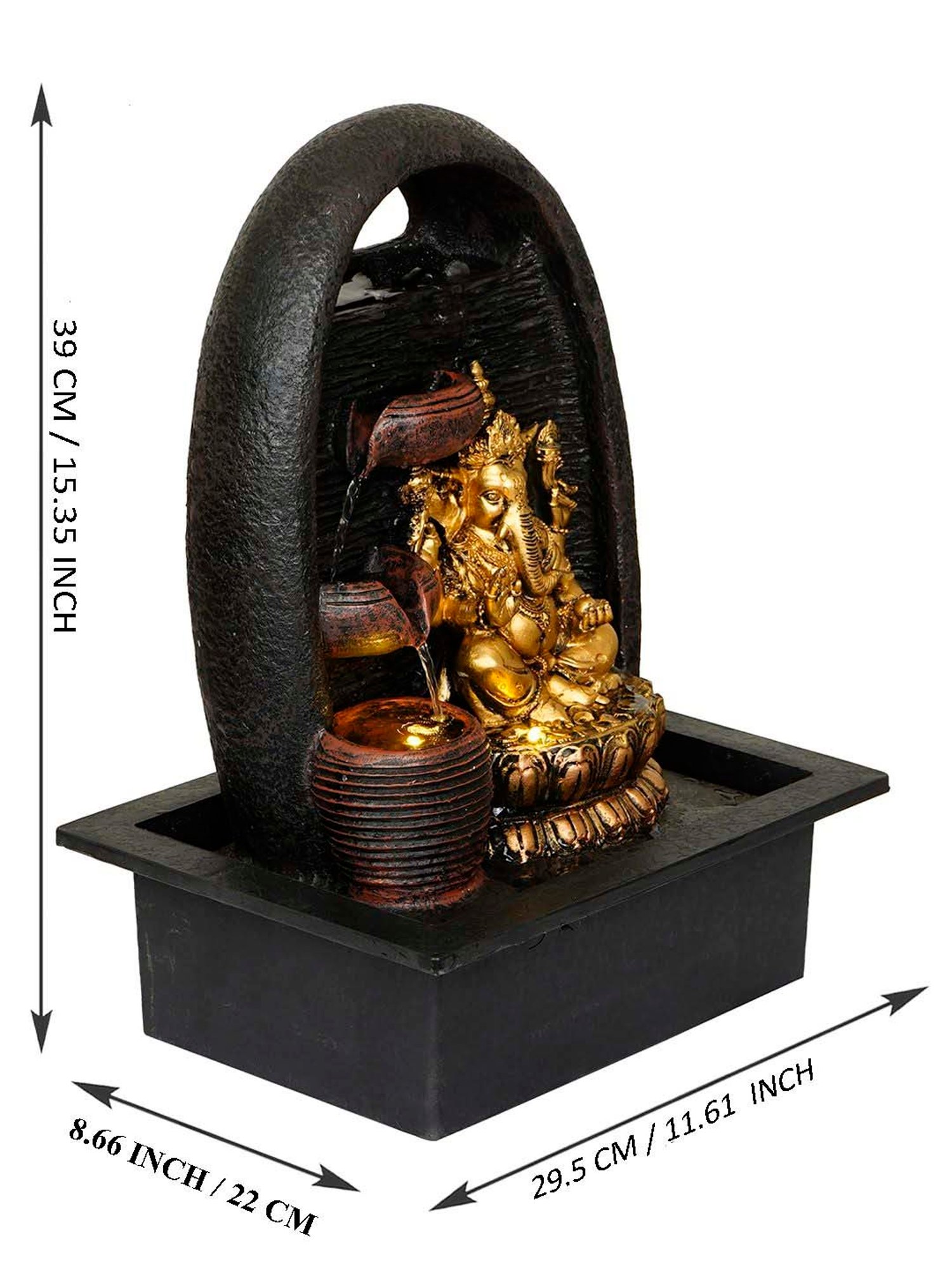 CHRONIKLE Brown & Golden Polyresin Ganesha Idol 3 Diya Steps Waterfall Fountain