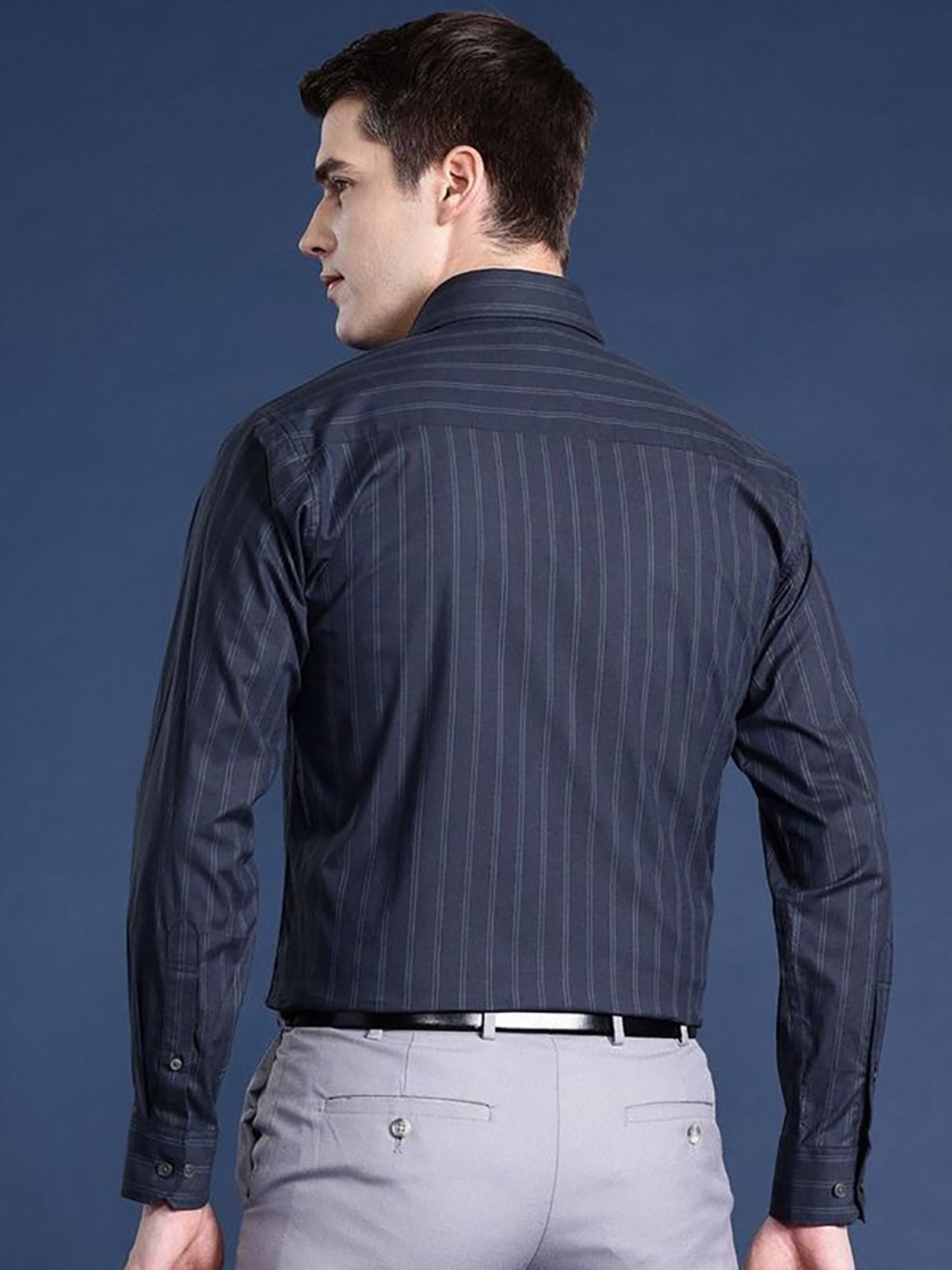 Hancock Navy Cotton Slim Fit Stripes Shirts