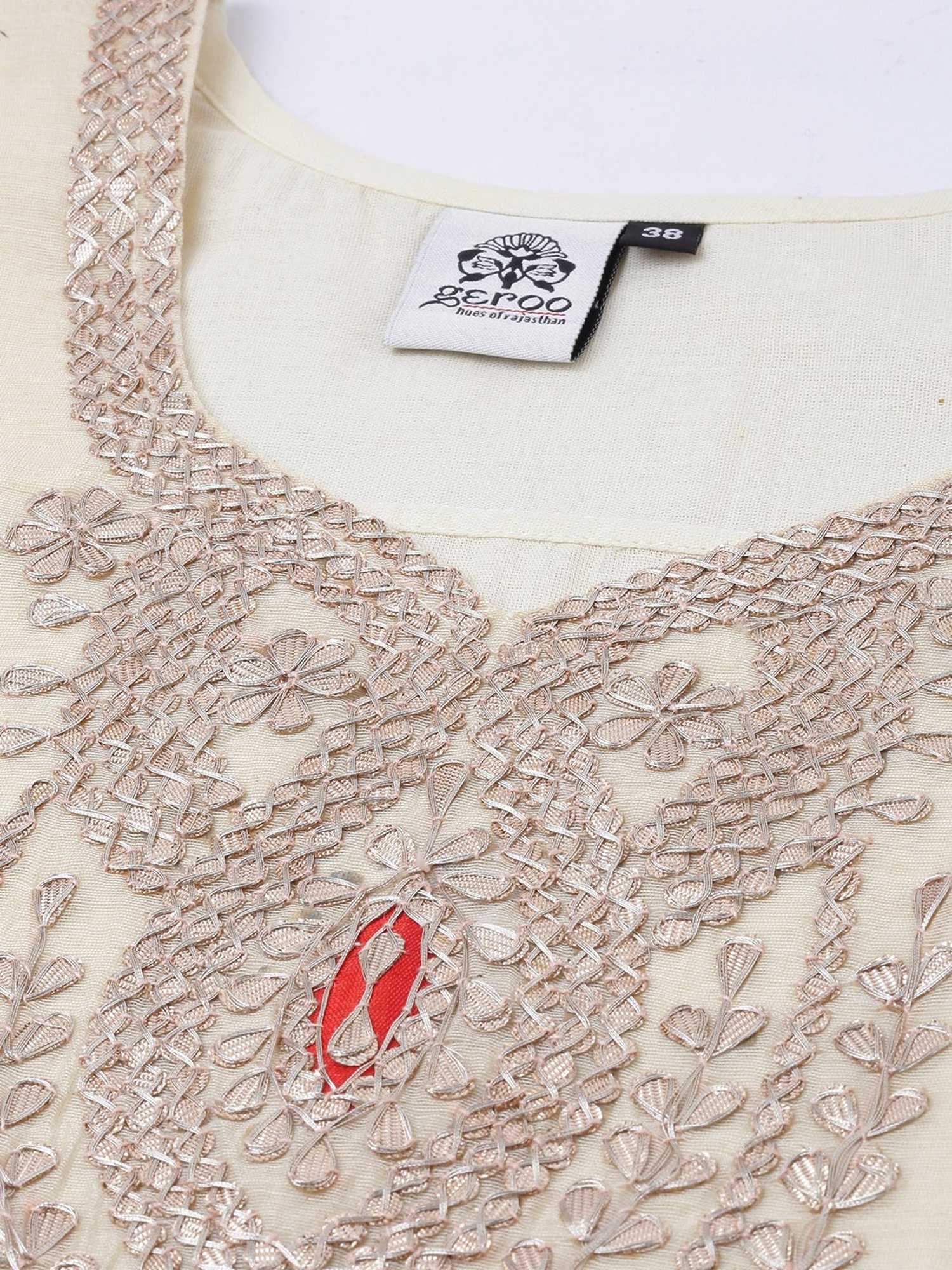 Geroo Jaipur Beige & Red Embroidered Kurta Palazzo Set With Dupatta