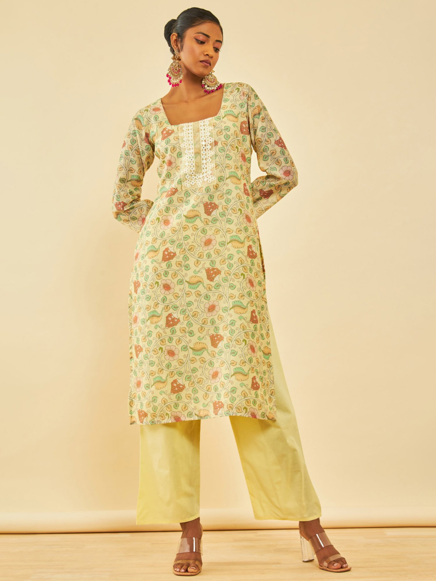 Soch Light Yellow Cotton Kalamkari Unstitch Dress Material With Faux Mirror