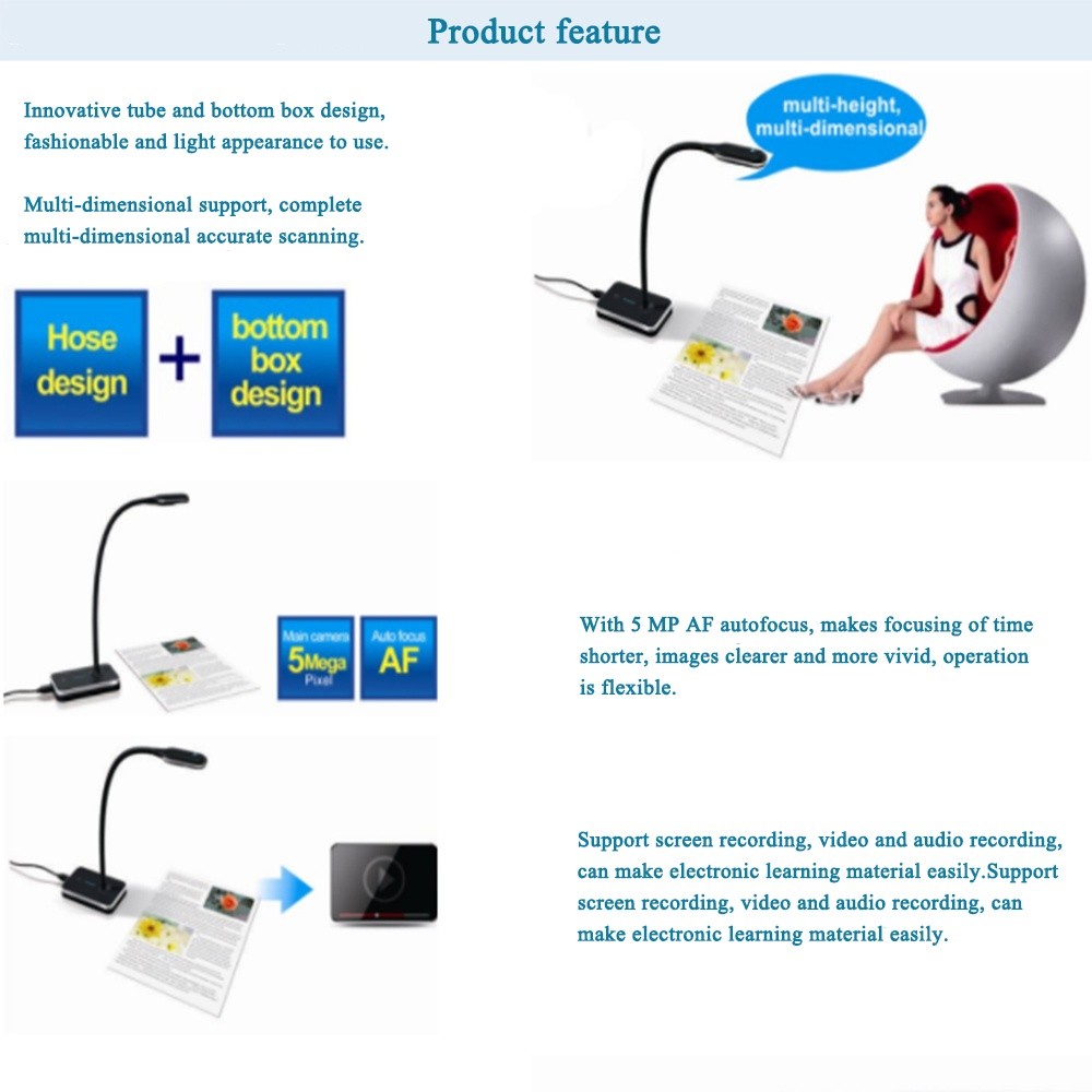 Eloam VH800AF 5MP A4 gooseneck design HD COMS flexible USB document camera Scanner visualizer autofocus OCR PDF
