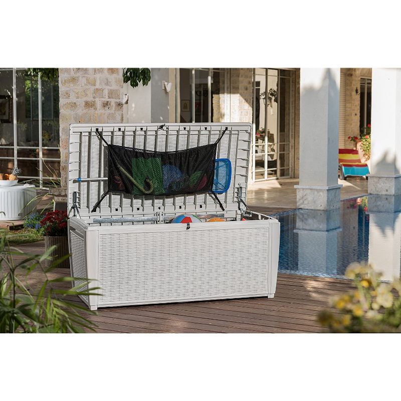 Keter 235178 Large 135 Gallon Waterproof All Weather Resistant Wicker Outdoor Backyard Sumatra Patio Porch Deck Garden Pool Storage Box Bench, White