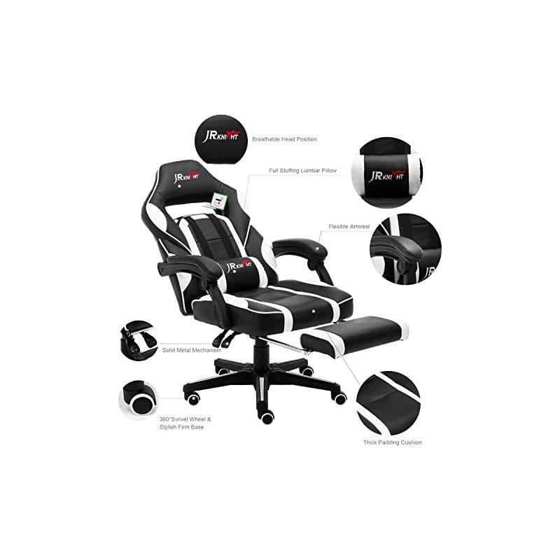 Ergonomic Gaming Chair with Footrest, Professional Gamer Design Home Office Computer Executive Swivel Racing Chair, PU Leather Padding Desk Chair (Black&White)