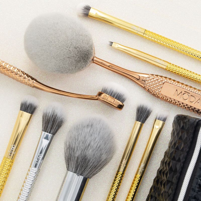 MODA Brush Metallics 10pc Deluxe Gift Makeup Brush Set with Black Studded Zip Case