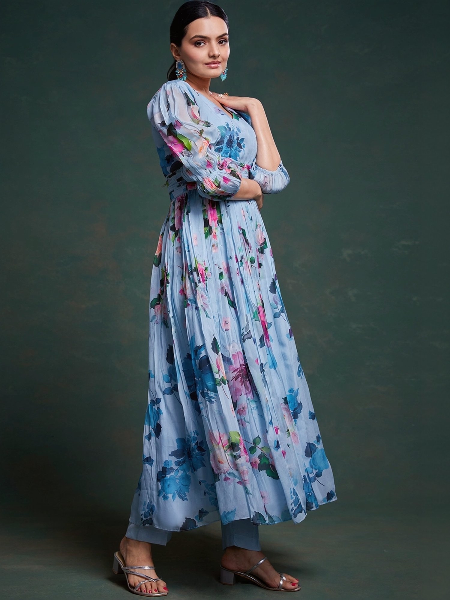 Odette Blue Printed Kurta Pant Set With Dupatta