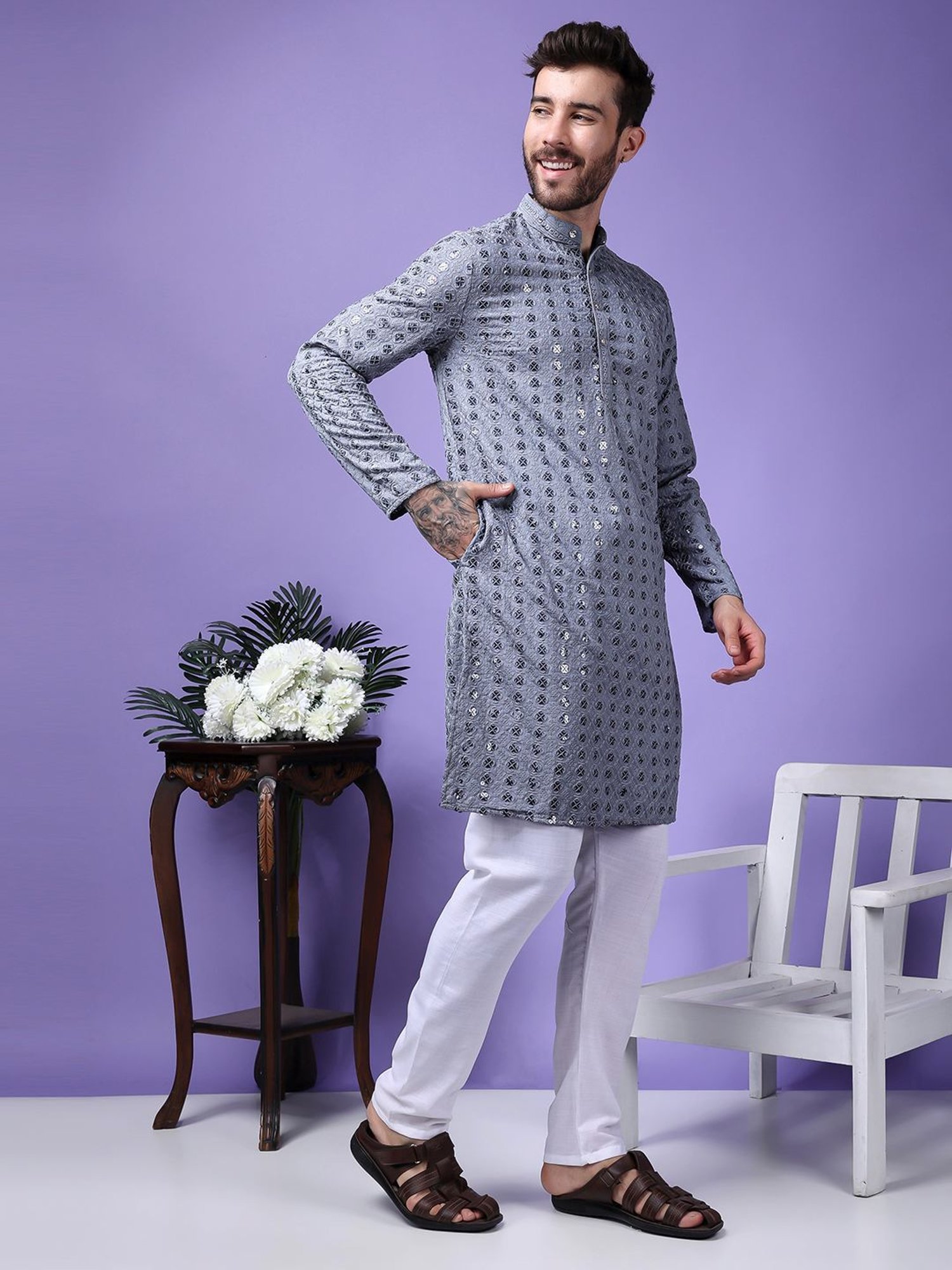 Hangup Grey & White Regular Fit Embellished Kurta Bottom Set