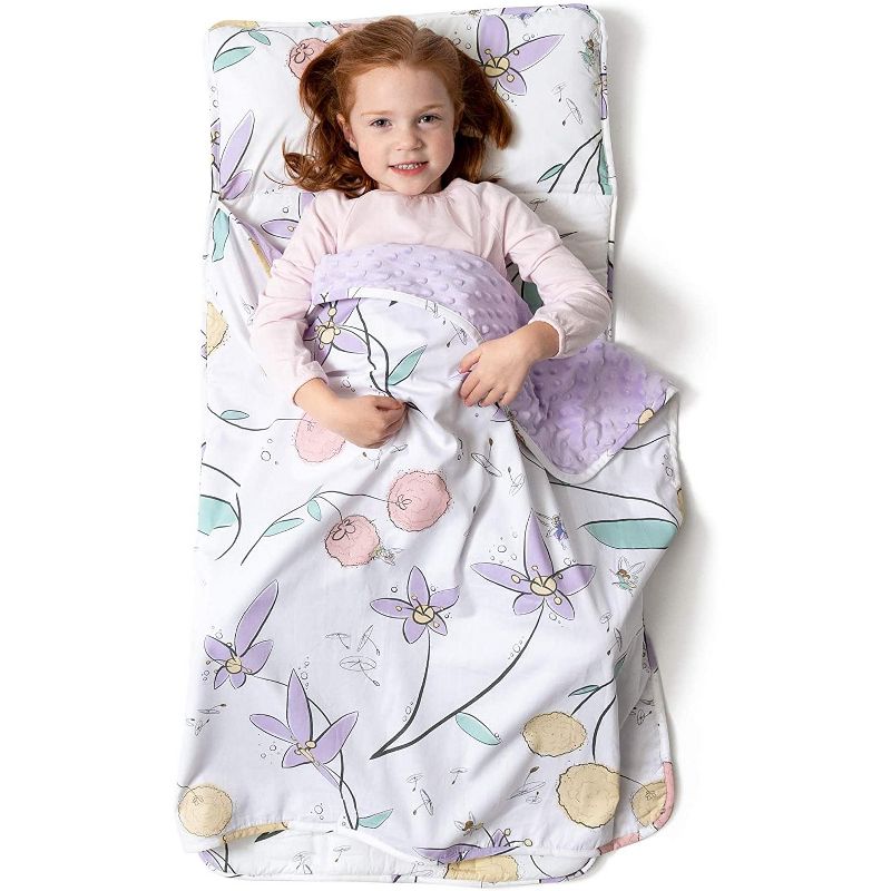 JumpOff Jo Toddler Nap Mat - Children's Sleeping Bag with Removable Pillow for Preschool, Daycare, and Sleepovers - 43 x 21 Inches - Fairy Blossoms