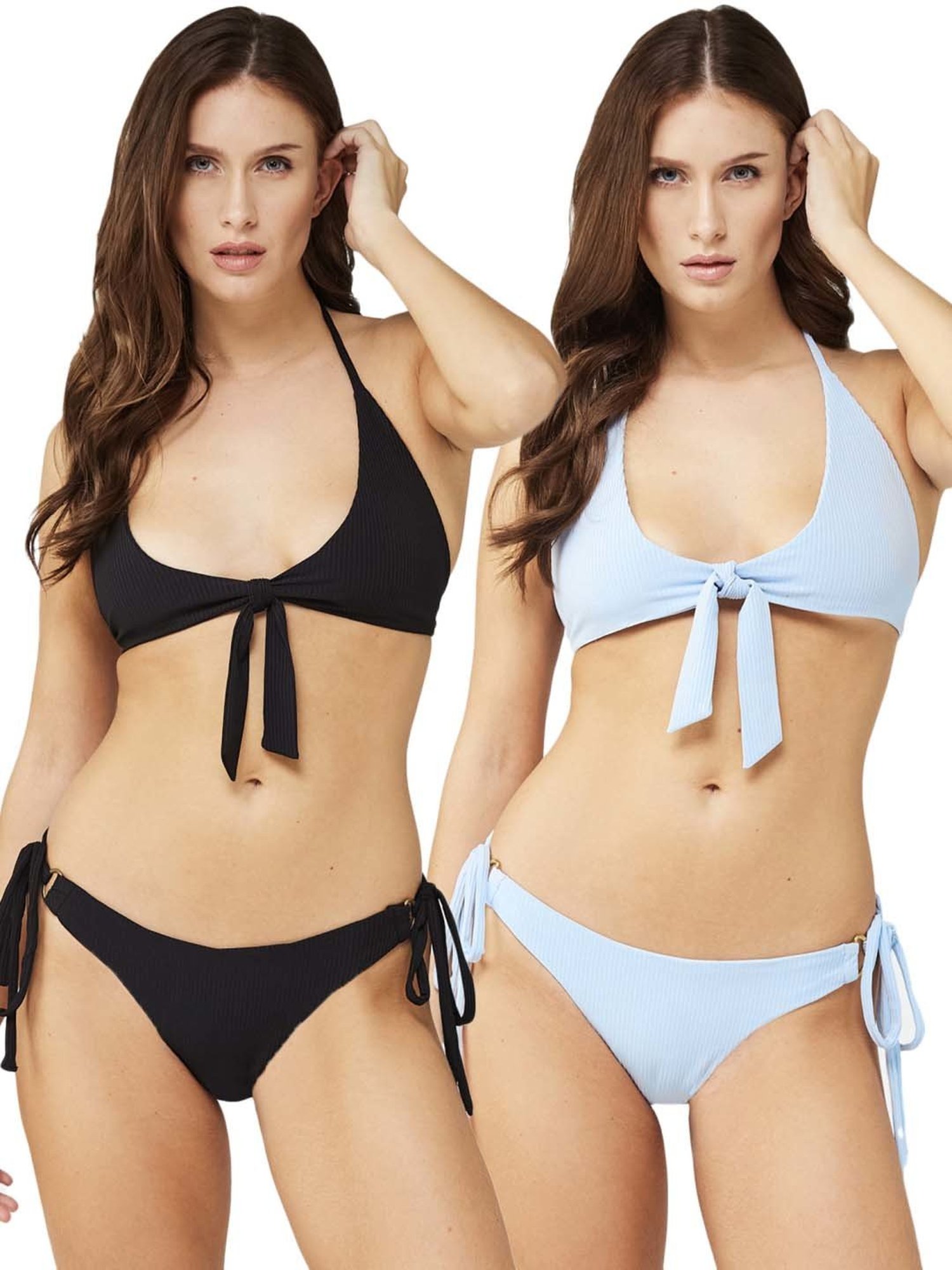 Secrets By ZeroKaata Black & Blue Plain Swimwear Bra Panty Set - Pack Of 2