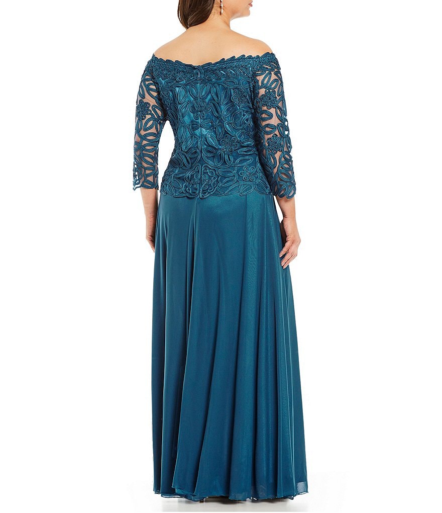 Soulmates Plus Size Off-the-Shoulder 3/4 Sleeve Beaded Bodice Lace Gown
