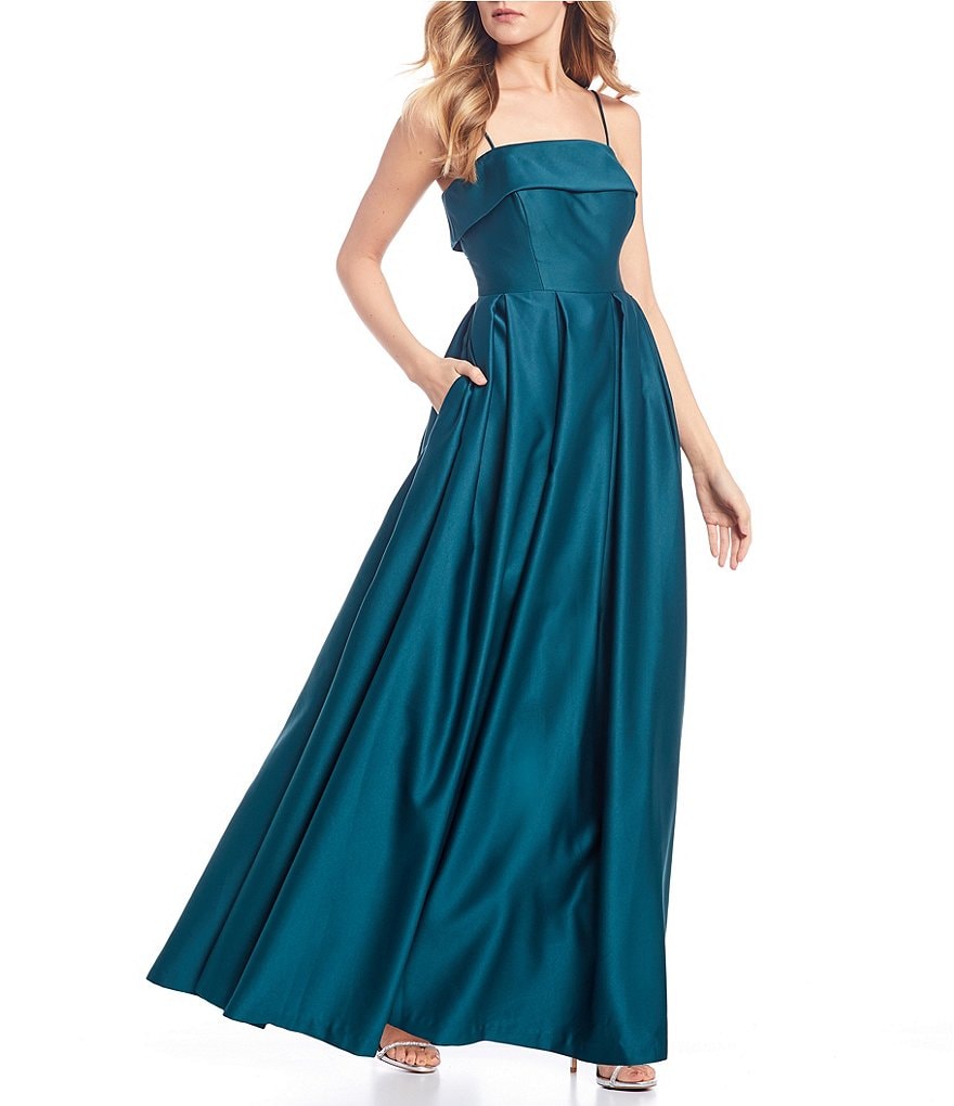Morgan & Co. Spaghetti Strap Cut-Out Back Satin Ball Gown