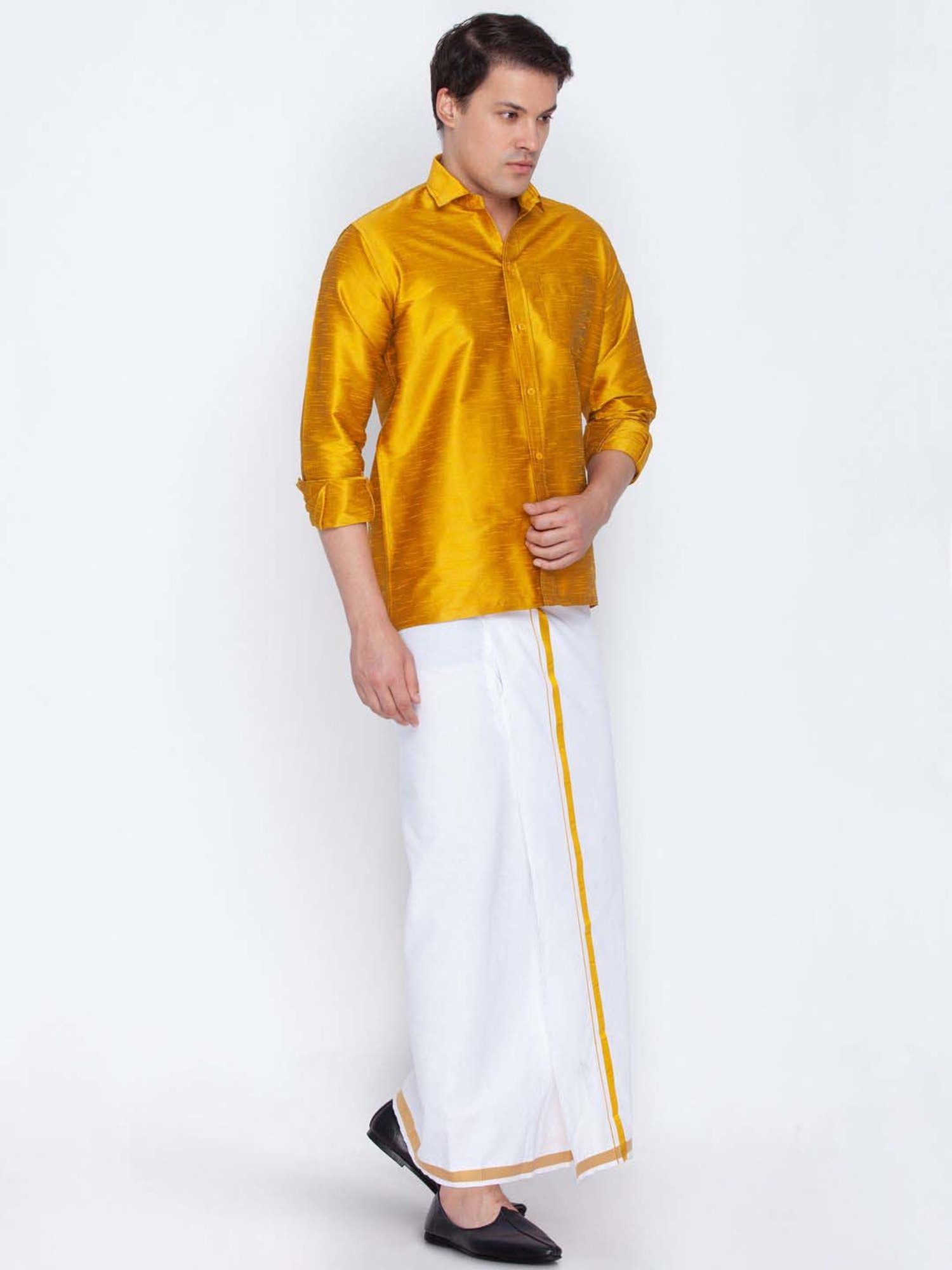 Vastramay Mustard & White Regular Fit Ethnic Shirt With Mundu