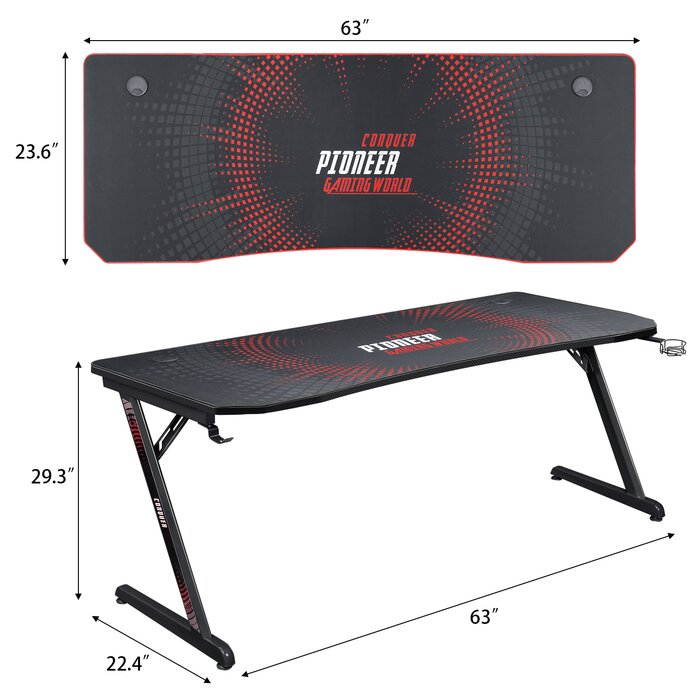 Devoko Gaming Desk 63 Inch Computer Gaming Desk Z-Shaped Pc Gaming Desk with Carben Fiber Surface Gamer Desk with Free Mouse Pad Home Office Desk with Cup Holder and Headphone Hook (Red)