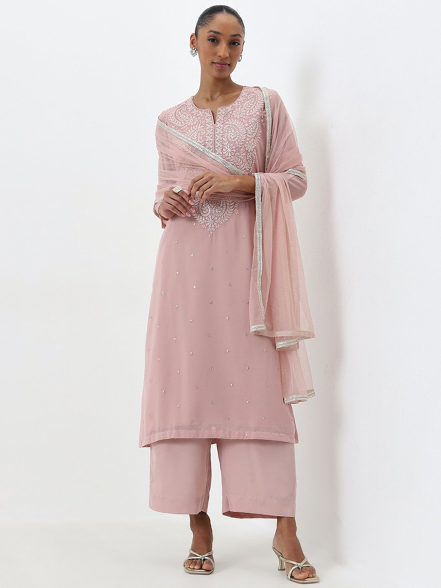 Vark by Westside Dusty Pink A-Line Kurta, Pants and Dupatta Set