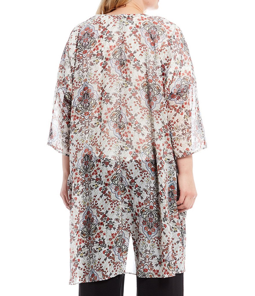 I.N. Studio Plus Size Medallion Floral Print Chiffon Open-Front Kimono
