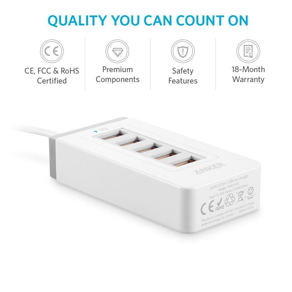 Anker&reg; 40W 5-Port USB Car Charger with PowerIQ&trade; Technology for iPhone and more