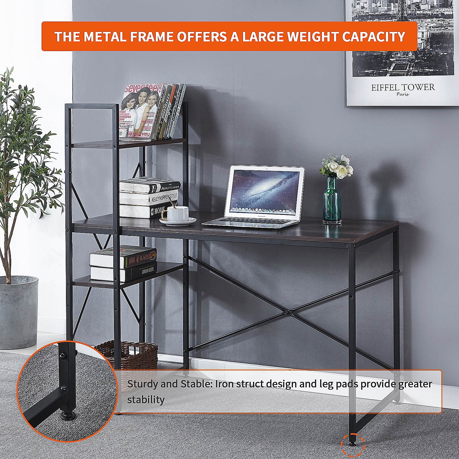 Computer Desk 47 inch with Storage Shelves Study Writing Table for Home Office,Modern Simple Style, Black