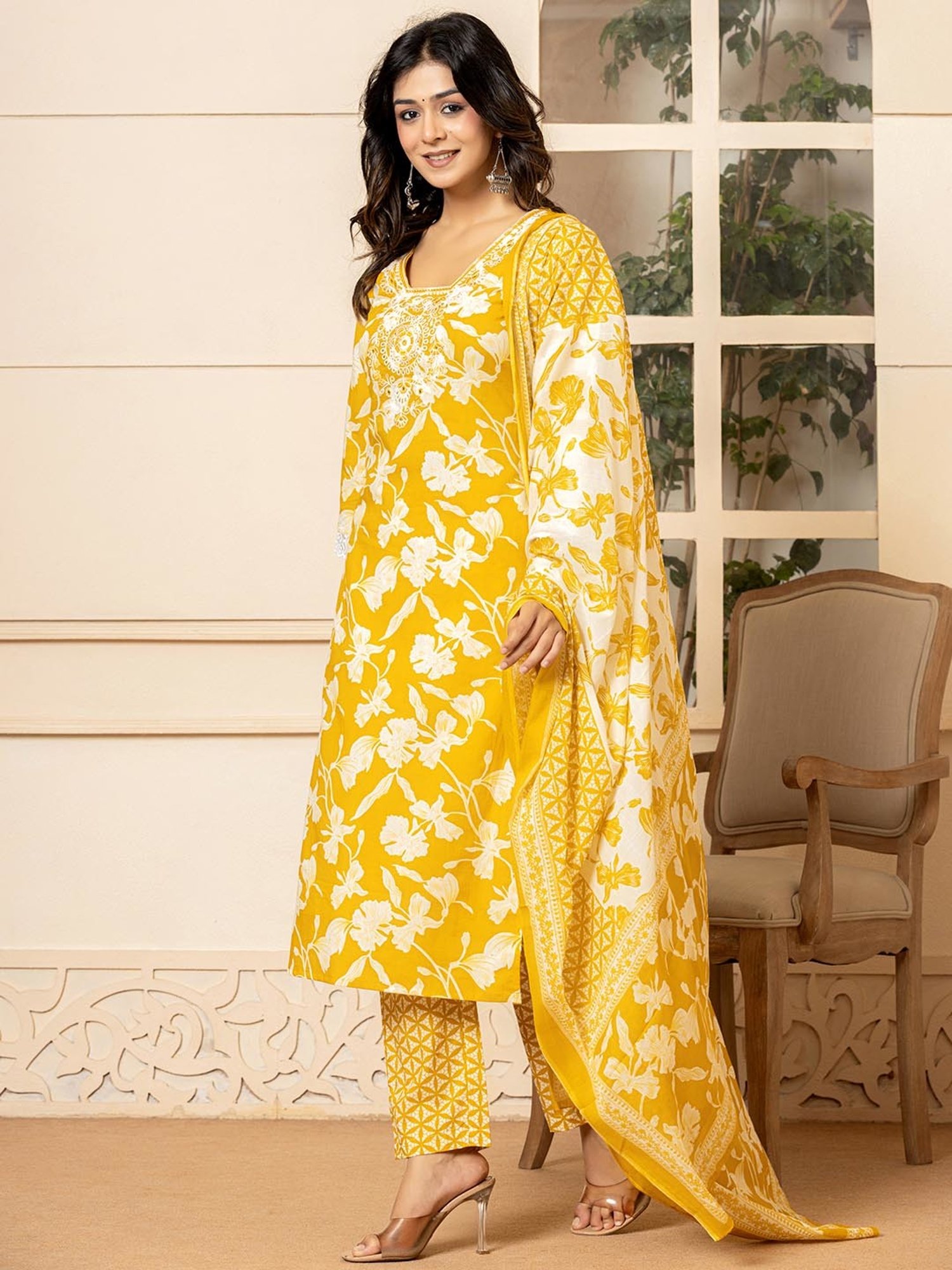 Yufta Mustard Cotton Embroidered Kurta & Pant Set with Dupatta