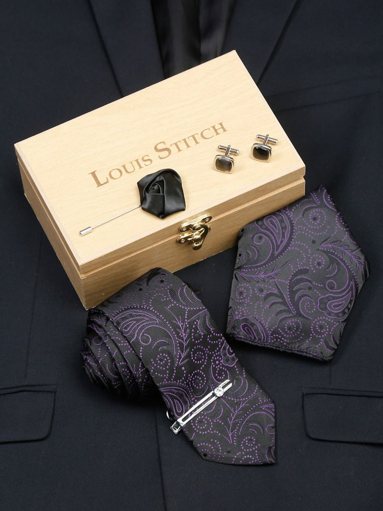 Louis Stitch Black Embroidered Necktie Gift Set - Set of 5