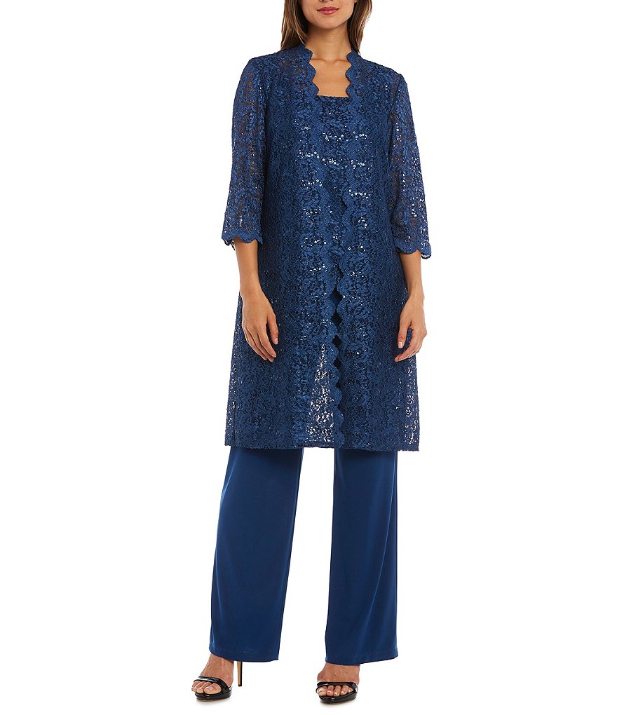 R & M Richards 3-Piece Sequin Glitter Scallop Lace Duster Pant Set