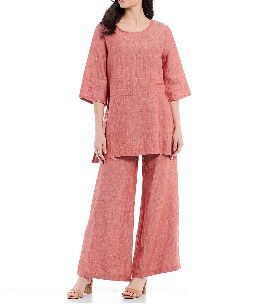 Bryn Walker Bre Round Neck Short Sleeve Side Slit Cross-Dyed Linen Tunic