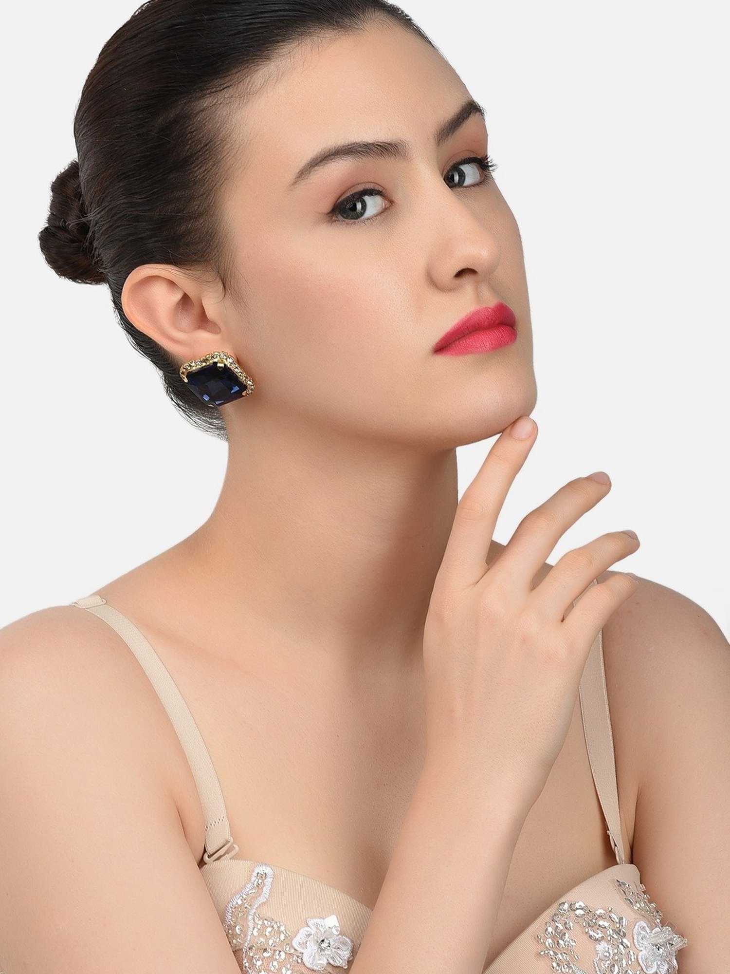 Zaveri Pearls Blue Stone & Diamonds Fusion Look Stud Earrings-ZPFK11418