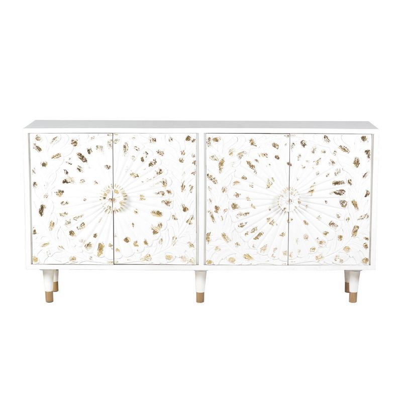4 Door Wooden Sideboard with Engraved Sunburst Design Front White/Gold - The Urban Port