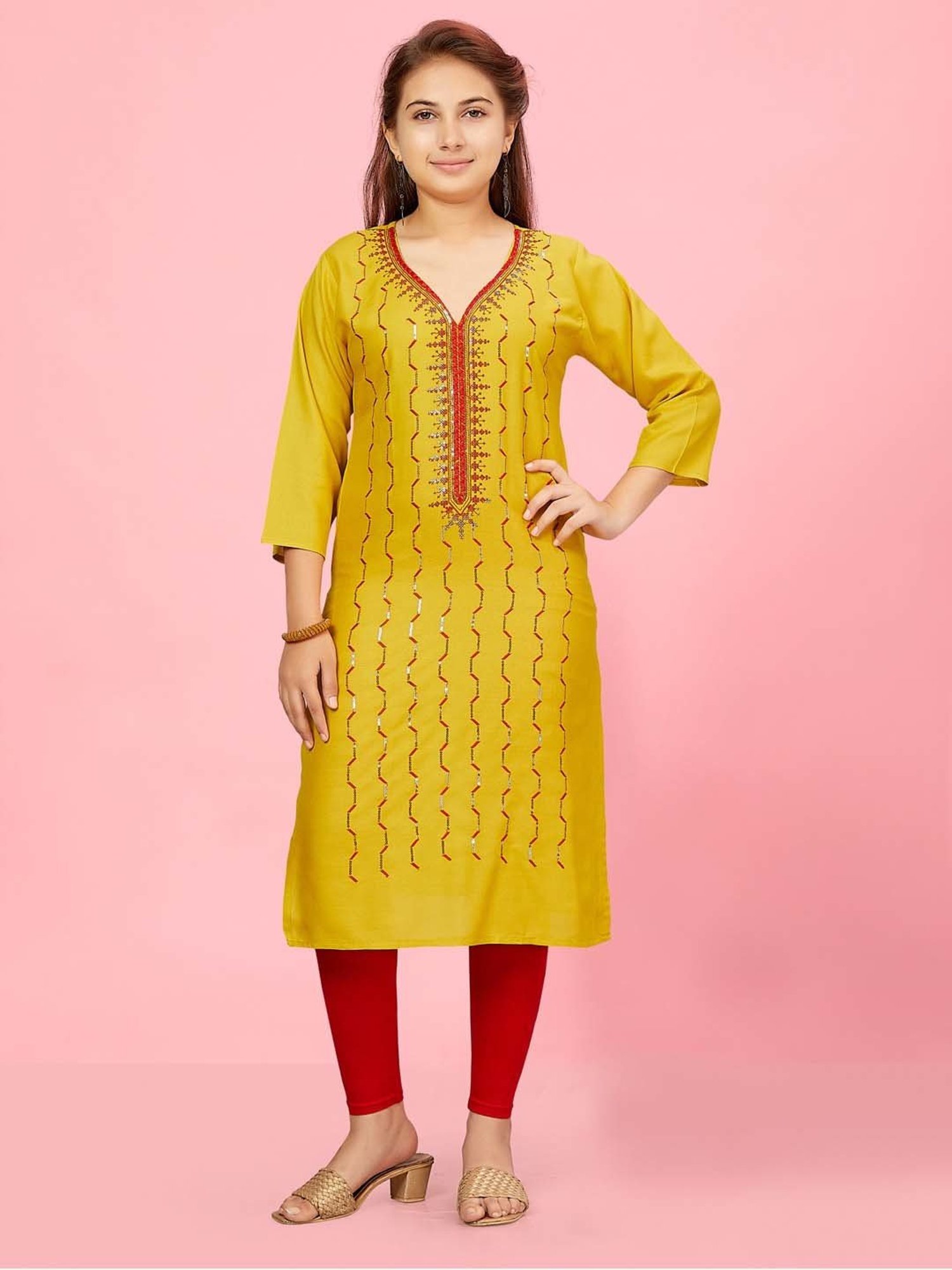 Aarika Kids Yellow Cotton Embroidered Kurti