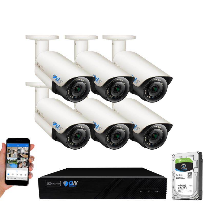 GW 5 Megapixel IP Camera PoE System, 8 Channel H.265 HEVC NVR w/ 4K Output, 8 x 5MP Full HD (2592 x 1920p) Digital WDR Power Over Ethernet Water Proof 130 Ft Night Vision Bullet IP Camera (2TB HDD)