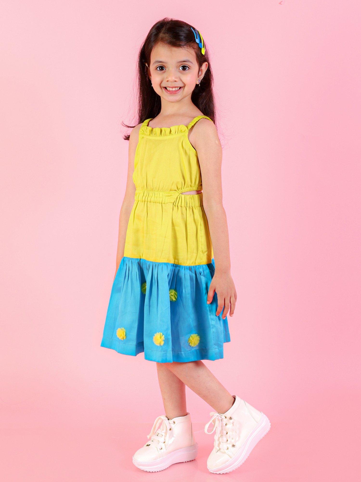 Lil Drama Kids Yellow & Blue Solid Dress