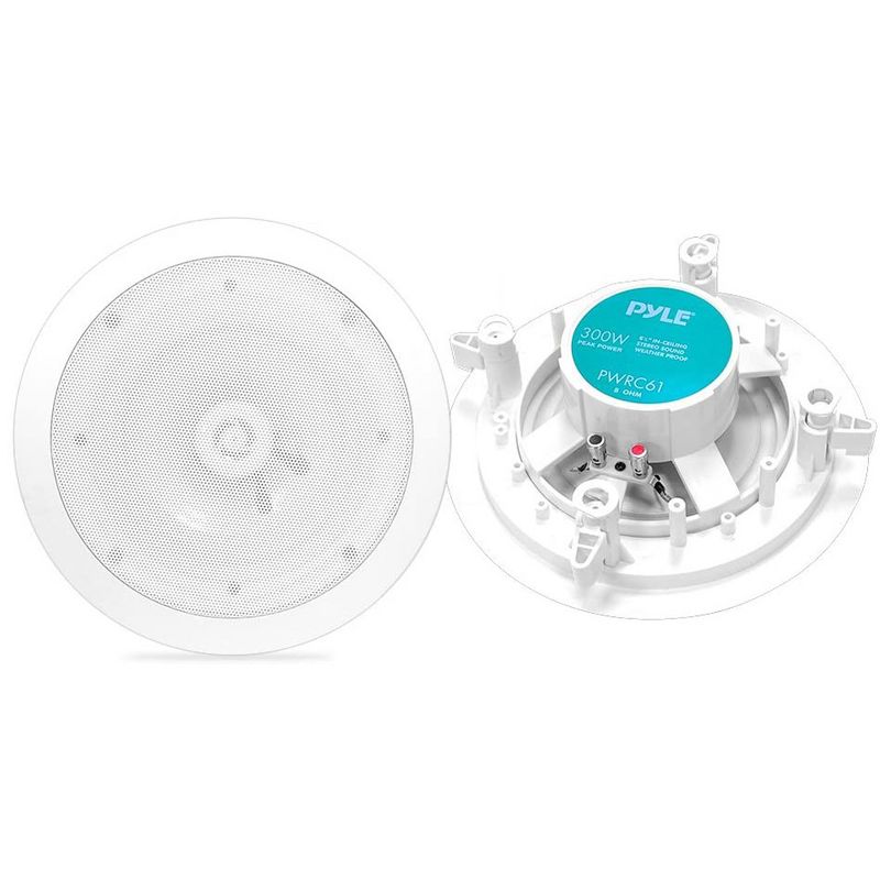 Pyle PWRC61 6.5 Inch 300 Watt 2-Way Versatile  Indoor/Outdoor Waterproof Ceiling or In Wall Speaker Powerful Audio System, White (Pair)