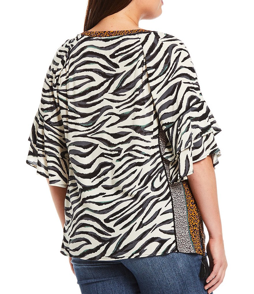 Democracy Plus Size Mixed Animal Border Print Bead Split Round Neck Detail Tassel Hemline Double Flounce 3/4 Sleeve Top