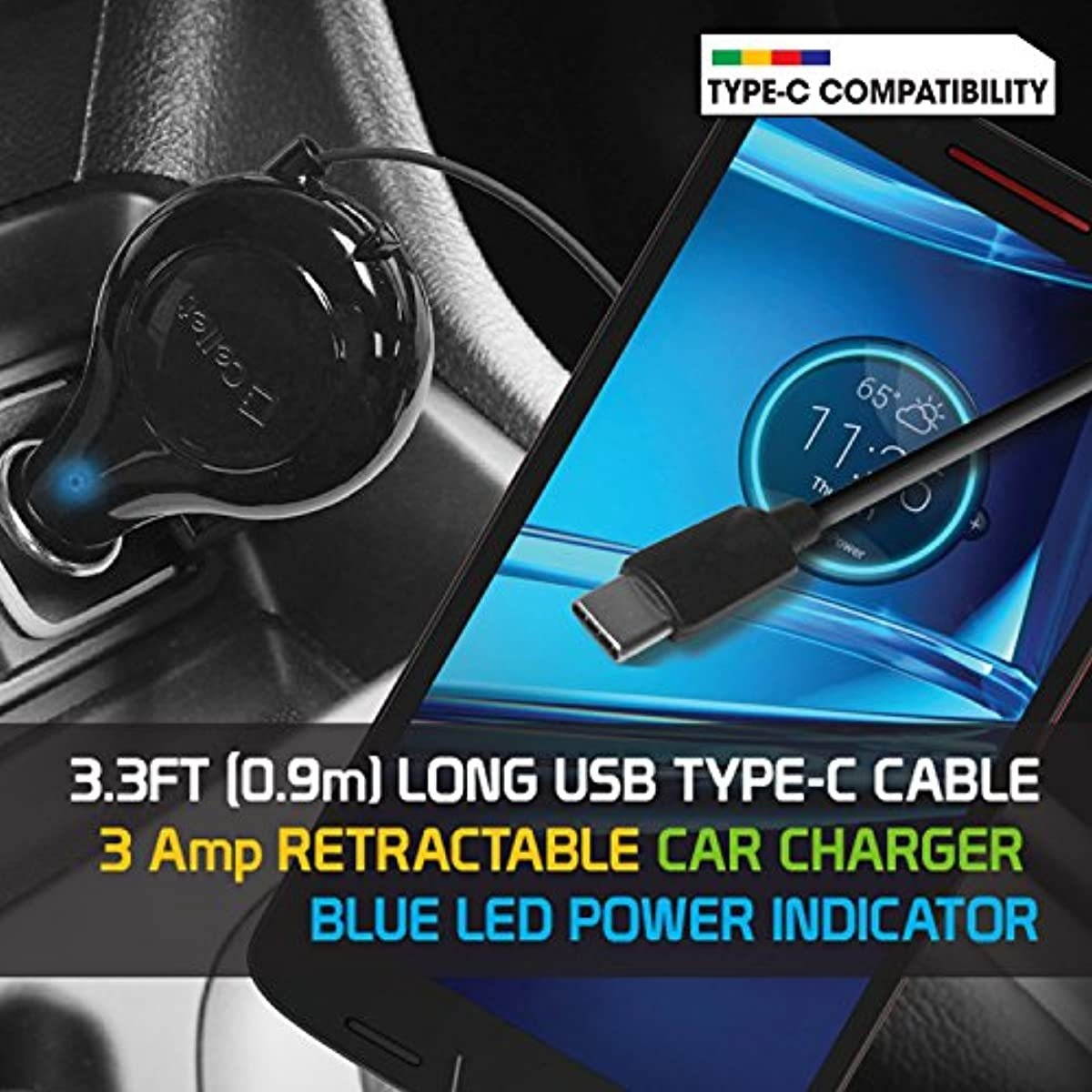 Cellet Type-C (USB-C) Compact Retractable car charger for Samsung Note 10 9 8 Galaxy A50 S10 S10+ S10e S9+ S9 S8 S8Plus S8 Active LG Q7+ Stylo 4 Q Stylus V35 V30 ThinQ G6 G5 (15Watt/3Amp Fast Charger)