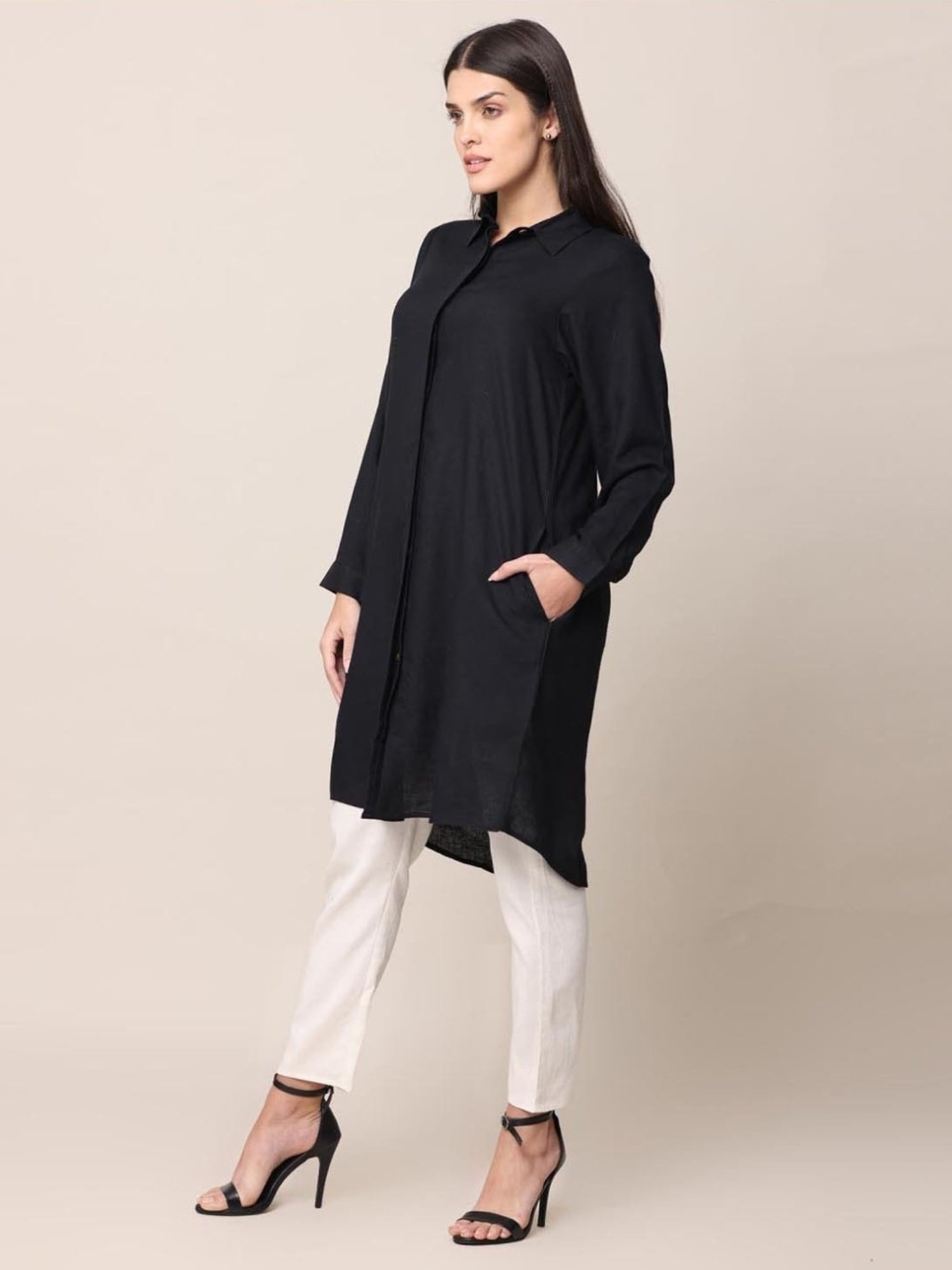 Saltpetre Classic Black Long Shirt with Cream Pant in Linen