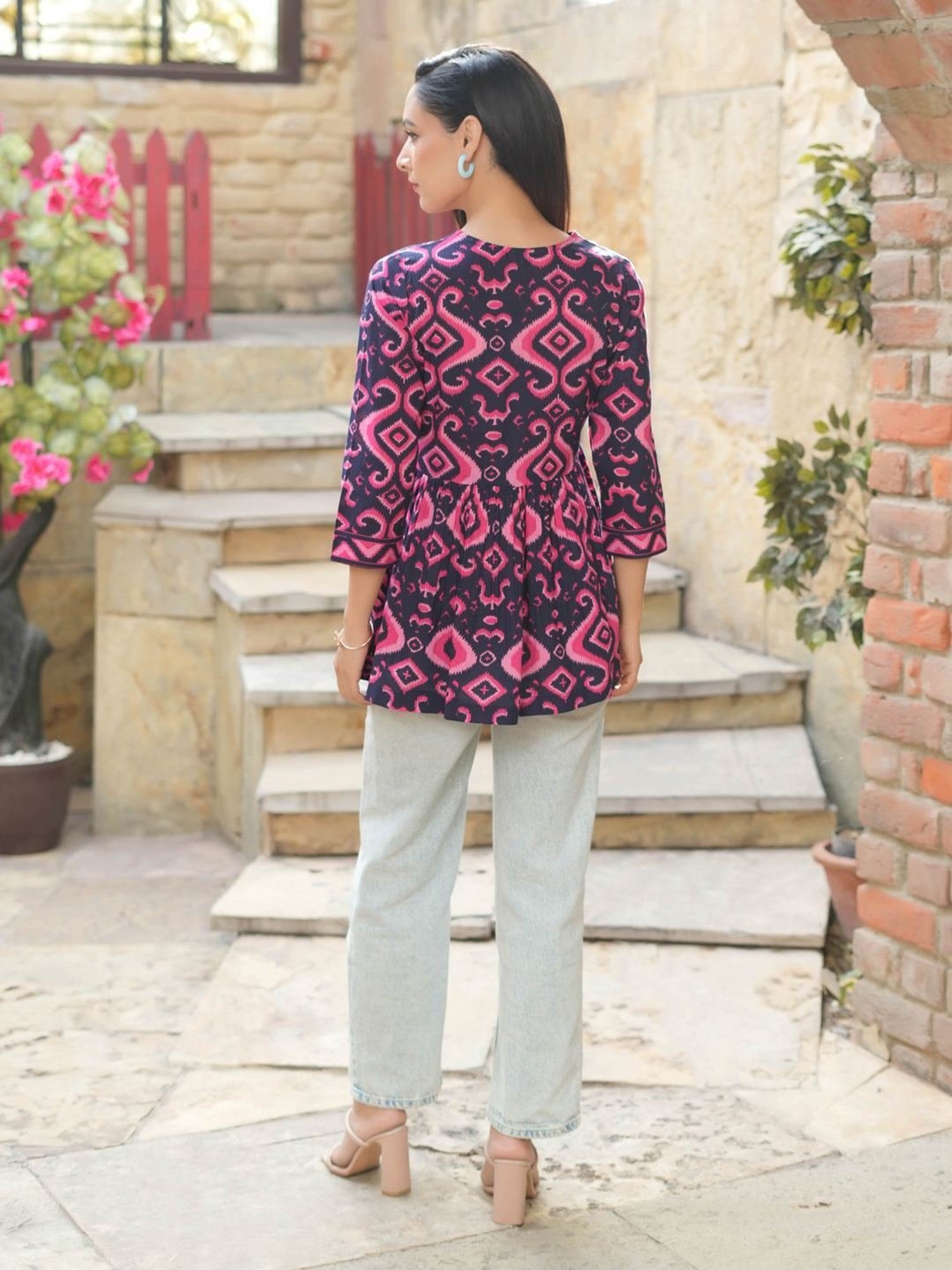 Rain and Rainbow Navy & Pink Cotton Floral Print Top