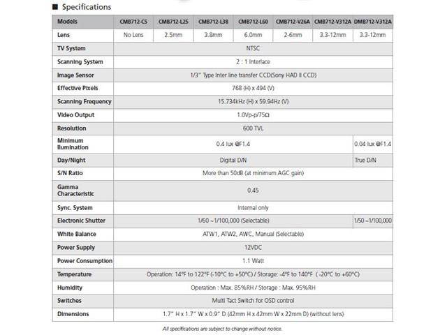 Computar Ganz High Quality CCTV CMB712-V26A 600 TVL Color Board Camera w/ 2-6mm Auto-iris Varifocal Lens