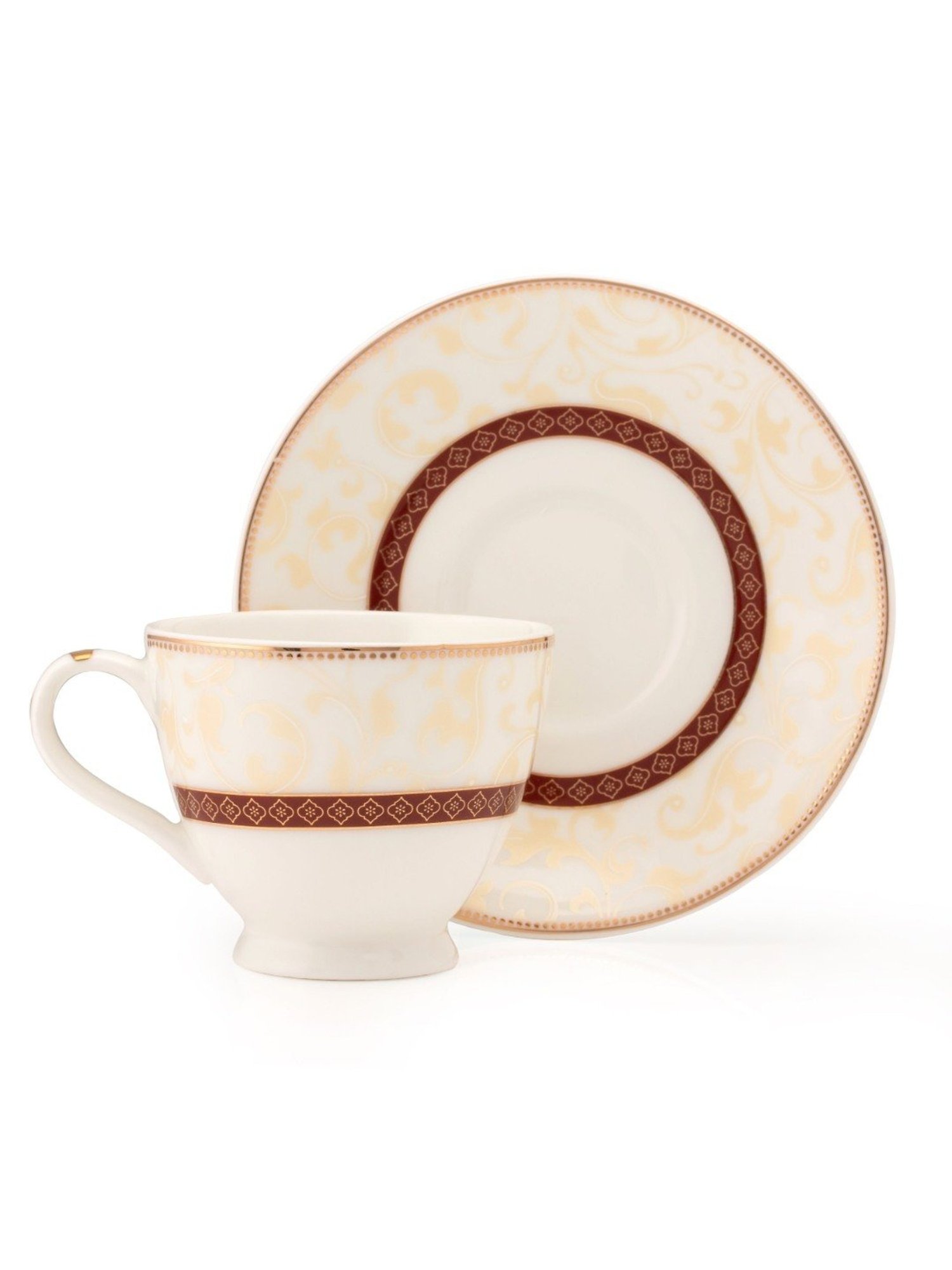 JCPL Fine Printed Maroon Ceramic Cup & Saucer 180 ml - Set of 12