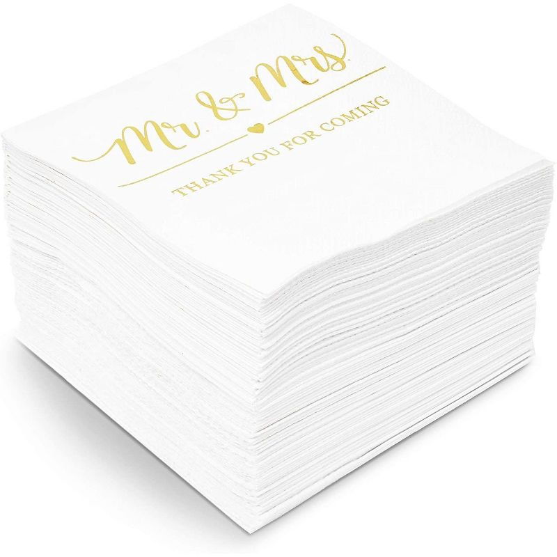 Sparkle and Bash 100x Mr Mrs Gold Foil Disposable Cocktail Napkins for Weddings Party, white 5 inch, 3 Ply