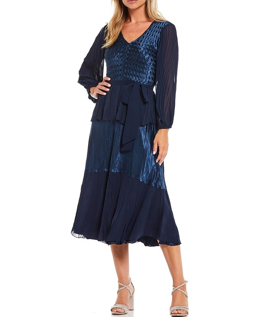 Komarov Balloon Sleeve V-Neck Charmeuse Peplum Dress