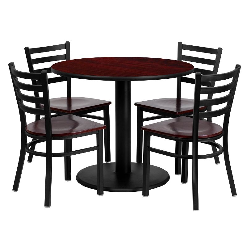 Flash Furniture 36'' Round Mahogany Laminate Table Set with 4 Ladder Back Metal Chairs - Mahogany Wood Seat