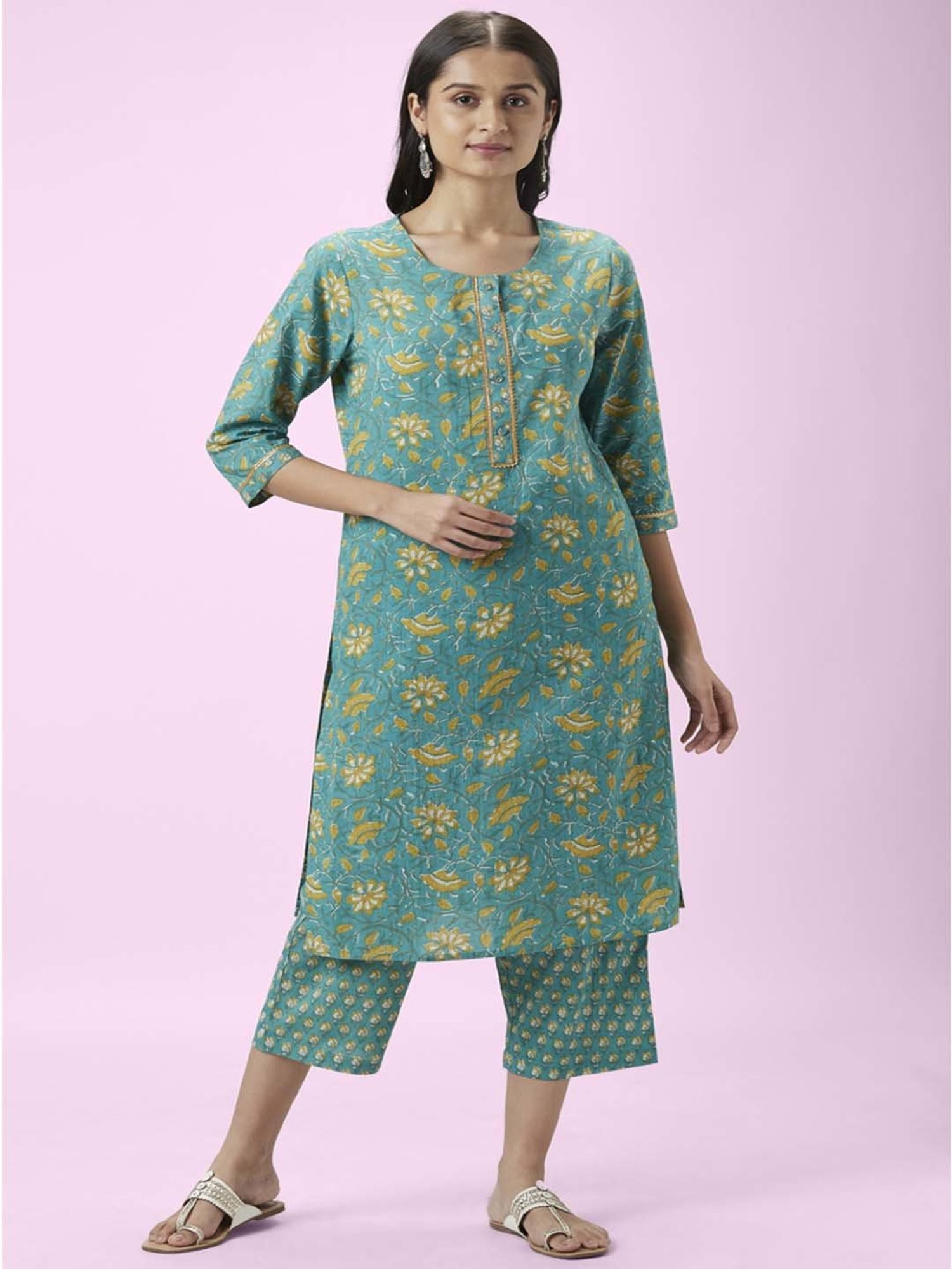 Rangmanch by Pantaloons Turquoise Cotton Floral Print Kurta Palazzo Set