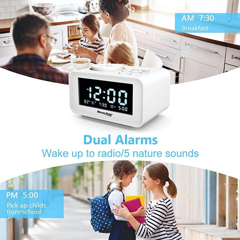 Dual Alarm Clocks Radio with Dimmer Dual USB Charging Ports 6 Wake up Sounds Adjustable Alarm Volume Snooze Thermometer Display FM Radio with Sleep Timer Small Size for BedroomsWhite