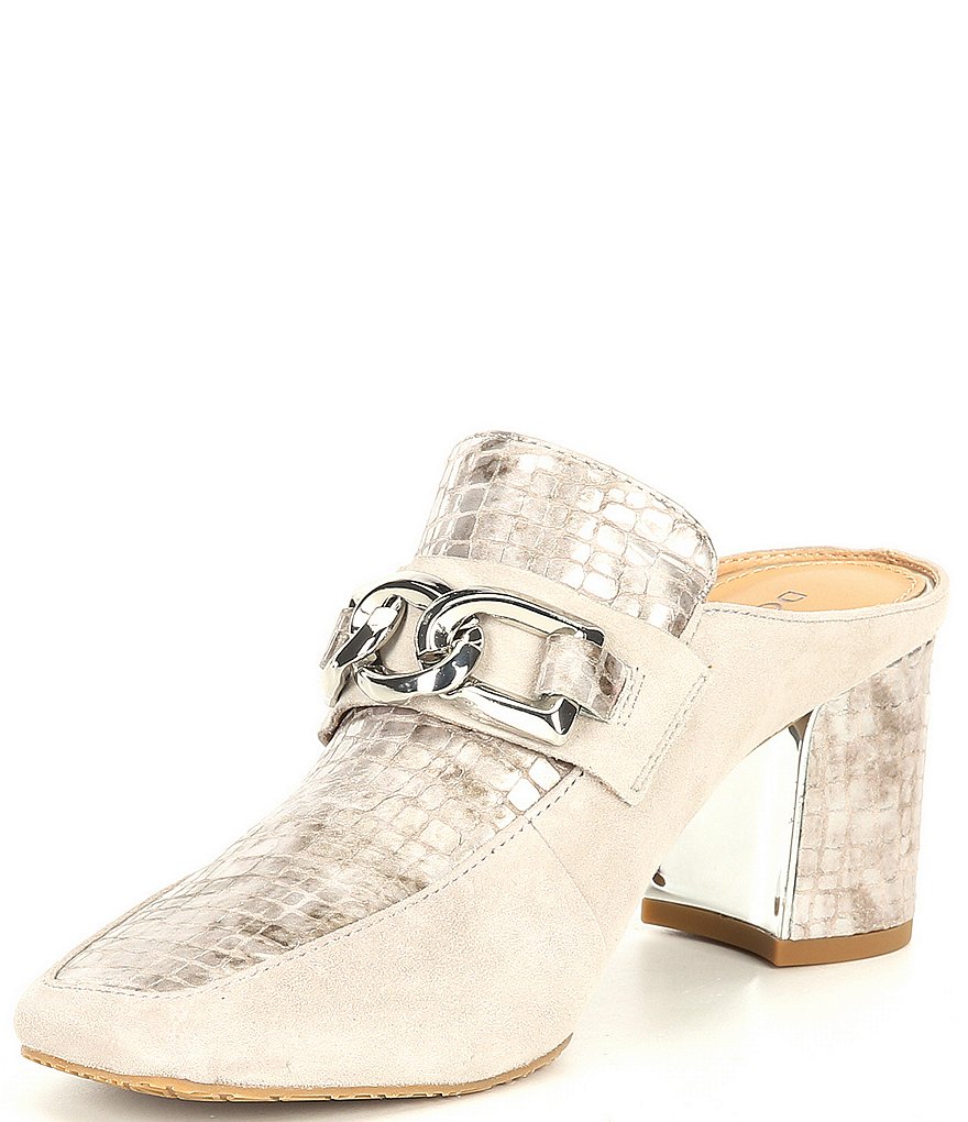 Donald Pliner Caape Suede Croco Print Chain Strap Mules