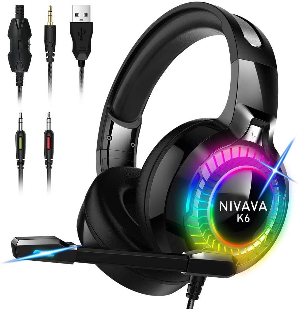 Nivava Gaming Headset for PS4, Xbox One, PC Headphones with Microphone LED Light Mic for Nintendo Switch PS5 Playstation Computer, K6