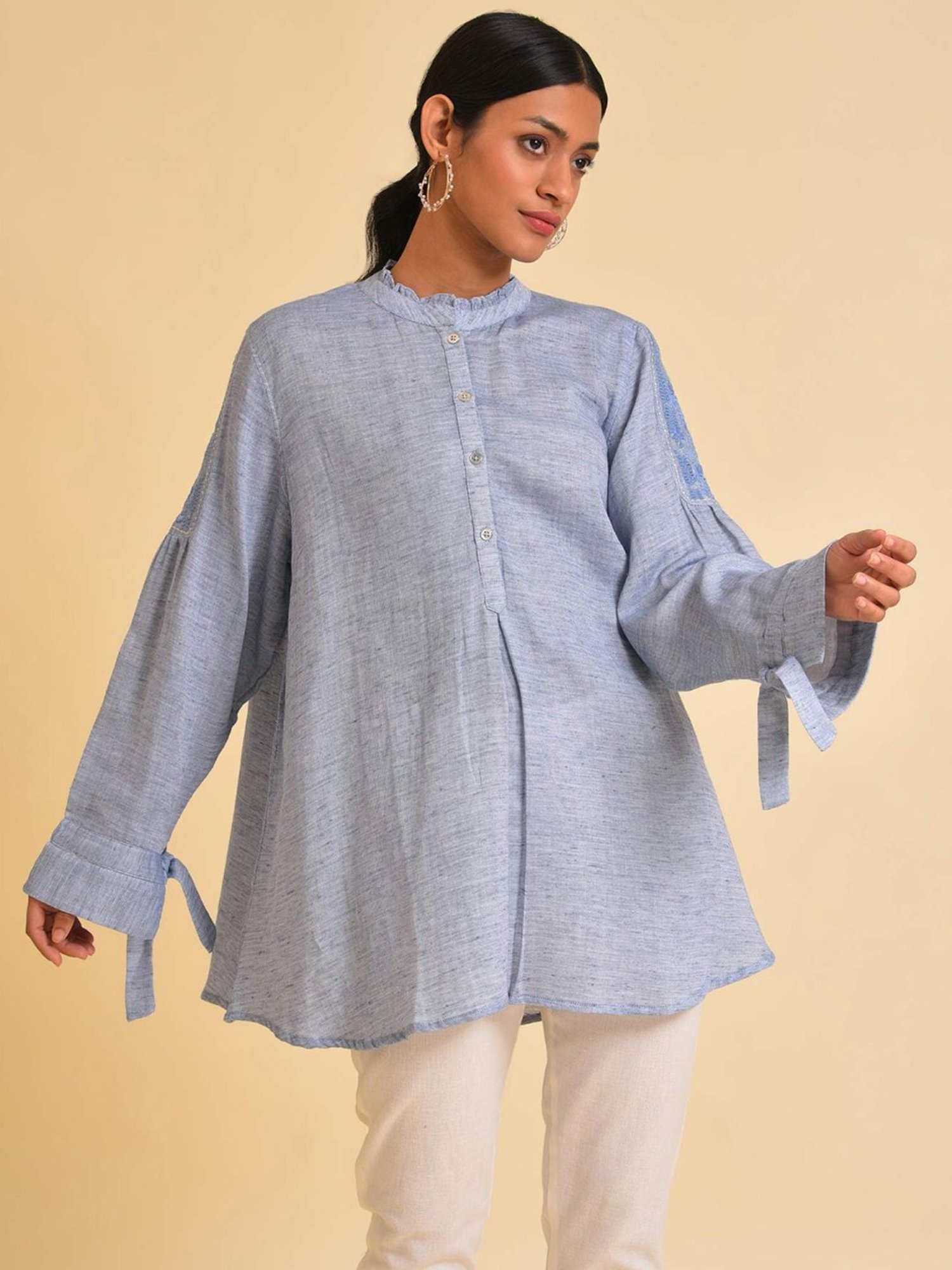 W Blue Cotton Embroidered Top