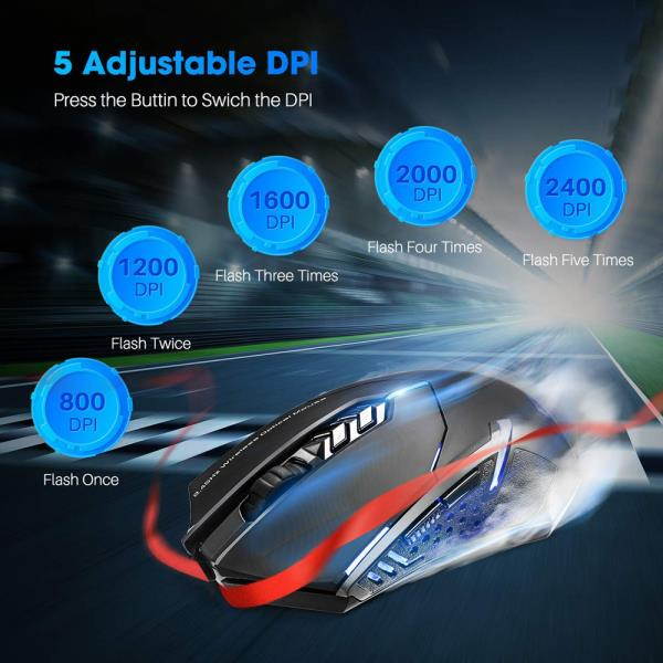 Wireless Gaming Mouse w/ Unique Silent Click Optical 2400 DPI for PC Laptop Mac