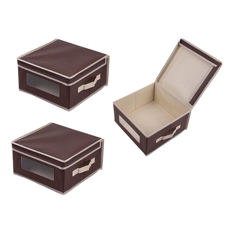 Juvale 3 Pack Collapsible Fabric Storage Bins Cubes, Decorative Foldable Boxes with Window & Lid - Brown, Large, 12 x 12 x 6.5 Inches
